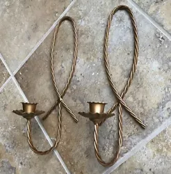 Vintage Pair Home Interior Gold Metal Twisted Rope Candle Holders Wall Sconces
