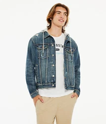 The iconic denim jacket, updated with a fresh wash, subtle destruction and a comfy knit hood.