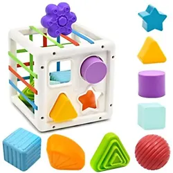 【Open Toy Concept】This baby shape sorter toy is composed of a sensory box with colored elastic bands, 4pcs shape...