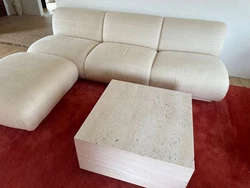 Beautiful upholstered 3 seat sofa plus ottoman in ivory raw silk. In excellent condition with a couple of subtle...