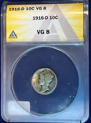 1916-D Mercury Dime - Certified ANACS VG8 - Rare Key Date!