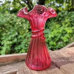 Vtg Fenton Art Glass Red Country Cranberry Ruffled Edge Wheat Vase. Perfect condition.
