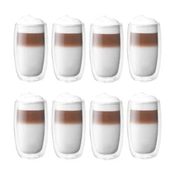 Set of eight 11.8 oz. (350 ml) latte glasses Keeps contents hot while remaining cool to the touch Cold drinks stay cold...