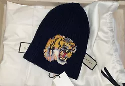 Authentic Gucci Midnight Blue Tiger Appliqué Wool Beanie Hat Size M Brand New w Tags *Limited Edition*+ Gucci Tissue...