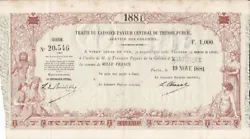 Billet Martinique 1000 Francs, French colonial note - 1881. Traite du Trésor Public - 1881 plis, petites taches en...