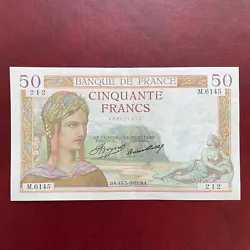 France 50 Francs Cérès 1937SUPERBE QUALITÉÉTAT:SUP+/XF+pli de liasse central Épinglage banque 2 trous coin bas...