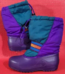 These boots are a kids size 3 and are in a purple and teal color combination. The boots are insulated and waterproof...