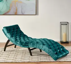 Stunning chaise in gorgeous teal green is tufted for extra panache. Beautiful, indoor chaise lounge chair upholstered...