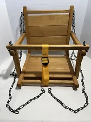 Child’s Wooden Porch Swing Chair Childrens Outdoor Hanging Seat Chain Baby Kid. We added the yellow strap for extra...