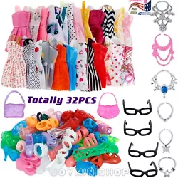 32 PCS For Barbie Doll Party Dress Outfit Glasses Shoes Clothes Accessories Toys Includes:( Different styles are picked...