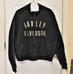 Black Jacket with the Harley Davidson name in silver/gray embroidery. It has a full zip front with 2 outer pockets and...