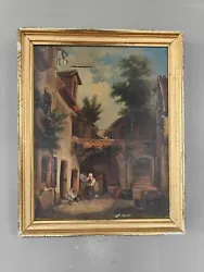 Beau tableau ancien Fin XVIII/XIX°, tonnelier à lœuvre et jeune enfant jouant avec un chien. huile sur toile, toile...