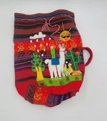 Inca Peruvian Small Backpack Embroidery Alpaca Girl Sun Woven Knapsack Purse Red.