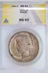 1921 HIGH RELIEF PEACE DOLLAR ANACS MS63