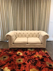 Seat Height: 17”. Fabric: Belgian Linen. Width of seating area: 50”. Used condition. Depth: 37 1/2”.