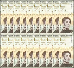 The obverse of the yellow banknote features Venezuelan leader Simon Bolivar. On the reverse are the coat of arms of...