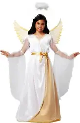 An angel is watching out for you. It features flared sheer sleeves, angel wings and a white with gold tinsel halo...