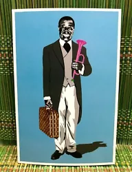 Image of Louis Armstrong with pink trumpet and Louis Vuitton briefcase. Original limited run promo,...