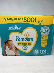 Pampers Swaddlers Diapers, Newborn (Less than 10 Pounds), 174 Count. Cute designsUp to 12 hrs locks wetness away from...
