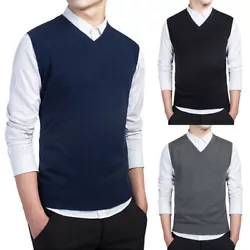 Basic knitted design, warm and gentle to wear. Classic sleeveless V-neck sweater vest with ribbed hem. Sleeve Length:...