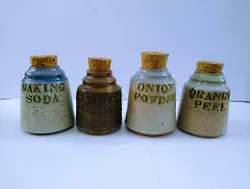 Four Pottery Craft Spice Jars with Corks. Please see all pictures for more information and details.  Great piece, just...