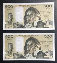 Suite 2 Billets de 500 Francs (Pascal) - Type 1968 - 3/4/1985- Pr Neuf. Alphabet : Y.233Billet craquant , petites...