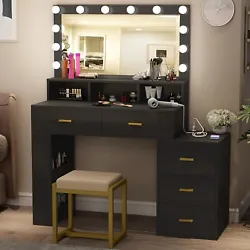 Modern Makeup Vanity Dressing Table with 12 LED Bulbs & Power Outle for Bedroom. Vanity Set with Lighted Mirror. Proper...