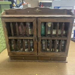 Vintage Wood Spice Rack Cabinet 27 Glass Apothecary Bottles Jars & Labels BLN. Comes as shown with bottles and extra...
