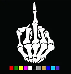 SKELETON MIDDLE FINGER Vinyl Decal . Die-cut single color decal with NO BACKGROUND. Decals adhere to MOST clean, smooth...