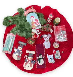 Christmas Decor Lot of 19 ~ Various items. Candle, Ivy, jar, ornament, Xmas tree skirt (has small hole) … and more!...