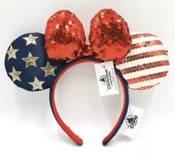 Disney Parks MINNIE MOUSE EARS Adult Sequin Patriotic Red Blue 4th Of July Stars.