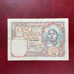 Algérie billet 5 francs 1929 pick77 Alph X.3302 Banque de l AlgérieÉtat:B+/TBÉpinglage 1 trou marge gauche 1 trou...