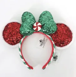 Disney Christmas Holiday Candy Cane Red Green Minnie Mouse Ears Bow Headband.