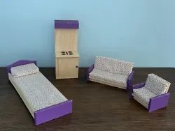 4 Pcs Miniature Doll Furniture. Includes a Stove,Chair, Bed, and Couch. There are floral cushions on the couch, chair,...