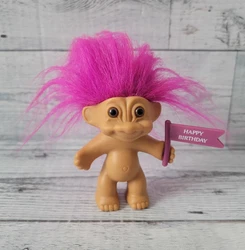 Vintage Russ Troll Doll Happy Birthday Flag With Pink/Purple Hair Brown Eyes.  (3