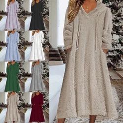 Material: 100% Flannel. Hoodie dress with solid color, long sleeve, fuzzy fleece, fluffy, easy to build a casual and...