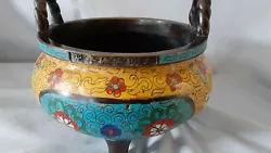 This is a large Antique Bronze Cloisonne Burner with subtle lobes, the makers mark is on the rim. The primary colors of...