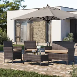4PC Rattan Wicker Patio Furniture Set Brown. Complete with seat cushions, it includes one sofa, two chair and a coffee...