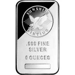 The obverse of the Sunshine Minting Silver 5 oz. bar bears the Sunshine Minting eagle with the sun and rays in the...