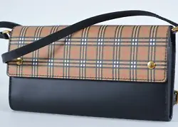 New with Tags $790 MSRP Style: Henley Coated Canvas in Mini Vintage Check Black Leather Trim Leather Trim Snap Close...