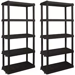 Heavy-duty molded plastic resin shelves hold 150 lbs (68 kg) each and will not rust, dent, stain, or peel. 16” (40.6...