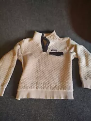 Very warm quilted top. Great underlayer for those cold days. Wear spots on both elbows and wrists. Lots of warm life...