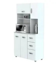 This storage cabinet with space for a microwave features four doors which conceal ample storage space, as well as three...