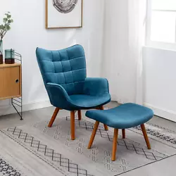 Leiria Contemporary Silky Velvet Tufted Accent Chair with Ottoman, Blue Product Details Button-tufted accents make the...