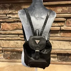 Guess Y2K black faux leather mini backpack. Bucket bag drawstring top. Fold over top with magnetic clasp. Outer pocket...