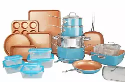 The Gotham Steel 32-Piece Cookware and Bakeware Set boasts aluminum construction for consistent cooking results....