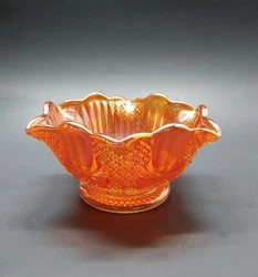 Antique Sowerby Marigold Carnival glass Pineapple pattern ruffled bowl circa 1900s early In excellent condition 