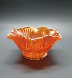 Antique Sowerby Marigold Carnival glass Pineapple pattern ruffled bowl circa 1900s early In excellent condition 