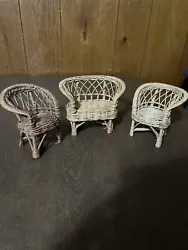 Vintage 3 piece set Doll Size WIcker Rattan Patio Furniture 2 Chairs & Bench. One chair has a different shade of...