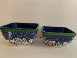 Small bowl nest in large bowl for space saving. Beautiful snowy village scene with blue background and green edge. No...